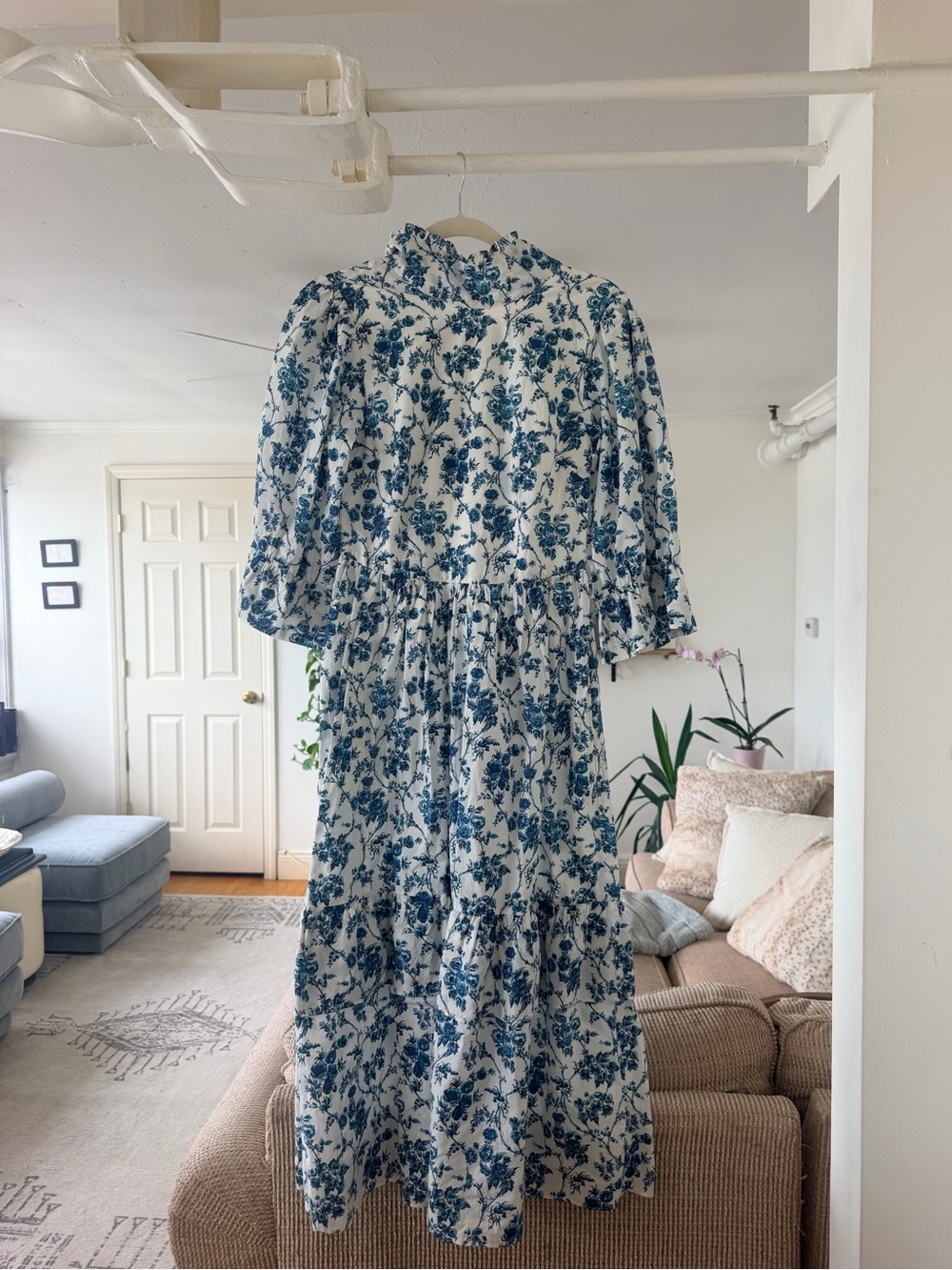 White & Blue Floral Maxi Dress with Puff Sleeves